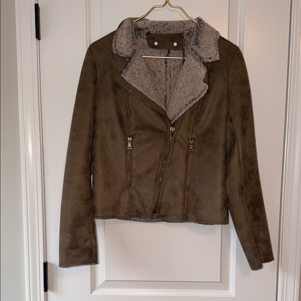 Faux-Suede Shearling Moto Jacket - Olive Brown